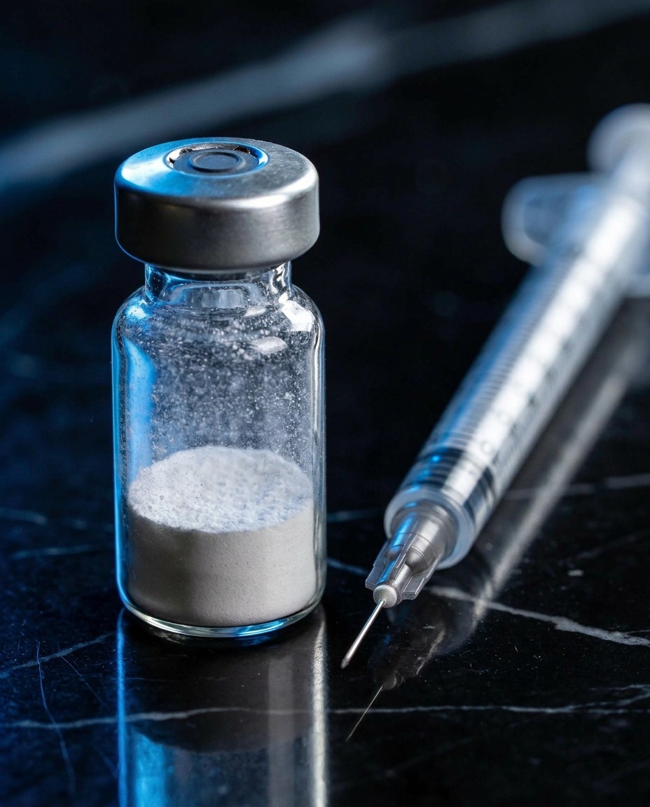 Research peptide vial and syringe